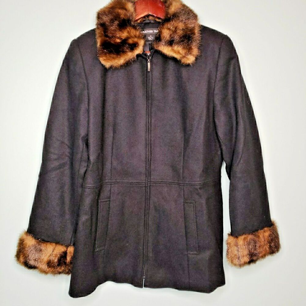 Womens Medium Wool Winter Pea Coat Faux Fur Trim Zip Front Vintage Office School